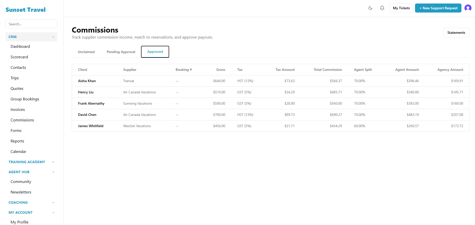 AgencyOS commissions screen